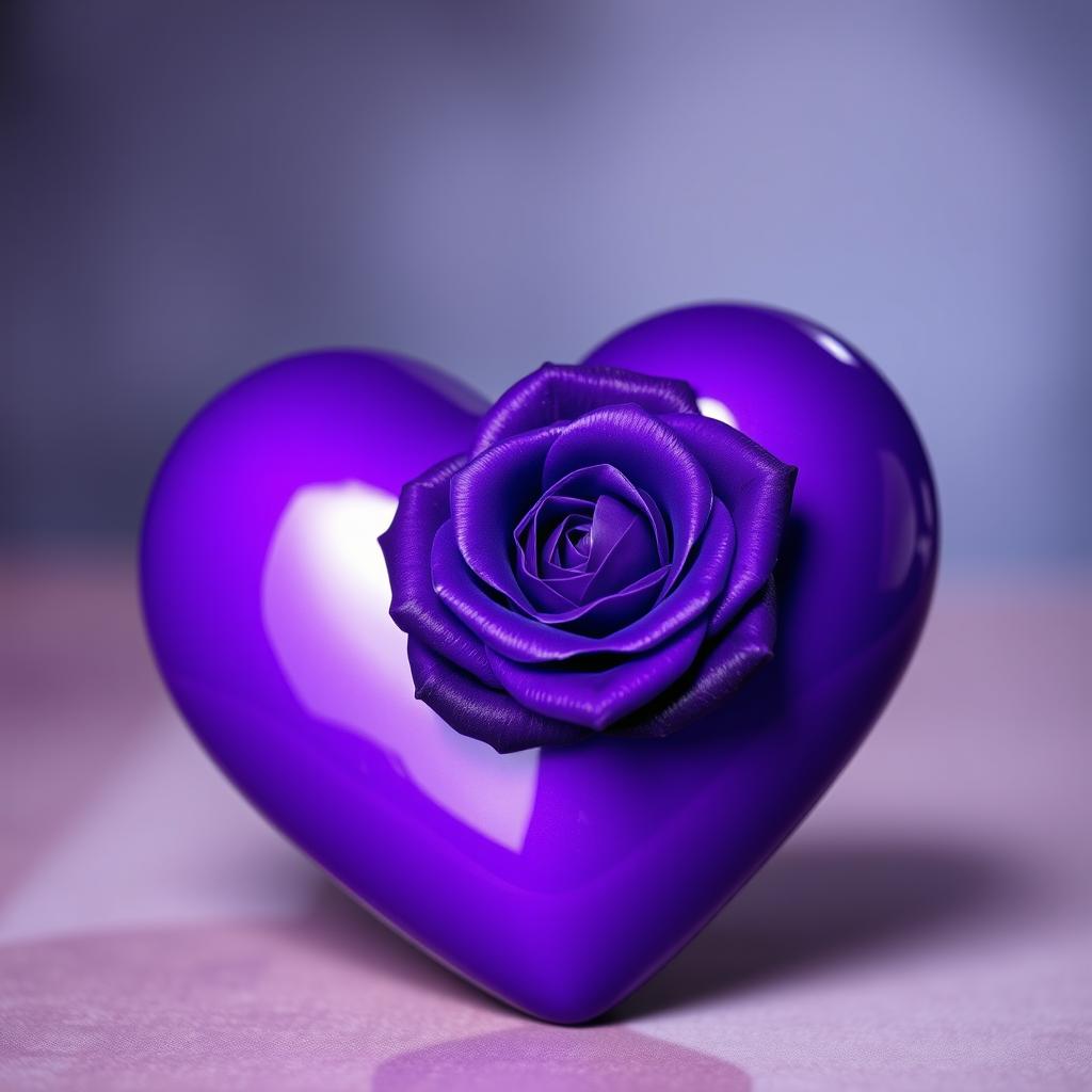 A vibrant violet heart with a beautiful, intense violet rose elegantly placed at the center