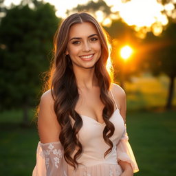 A young woman with long, wavy hair, standing in a park during sunset, wearing a beautiful dress