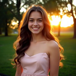 A young woman with long, wavy hair, standing in a park during sunset, wearing a beautiful dress