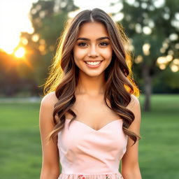 A young woman with long, wavy hair, standing in a park during sunset, wearing a beautiful dress
