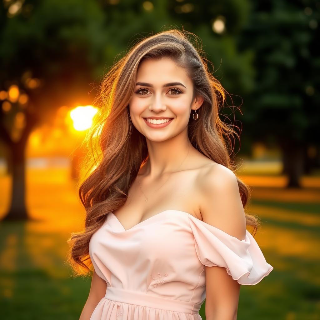 A young woman with long, wavy hair, standing in a park during sunset, wearing a beautiful dress