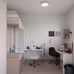 Minimalistic student room with a monochrome color palette, functional furniture such as a study desk and bed, and minimal decor.