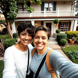 A realistic selfie of two people together, smiling and enjoying their time