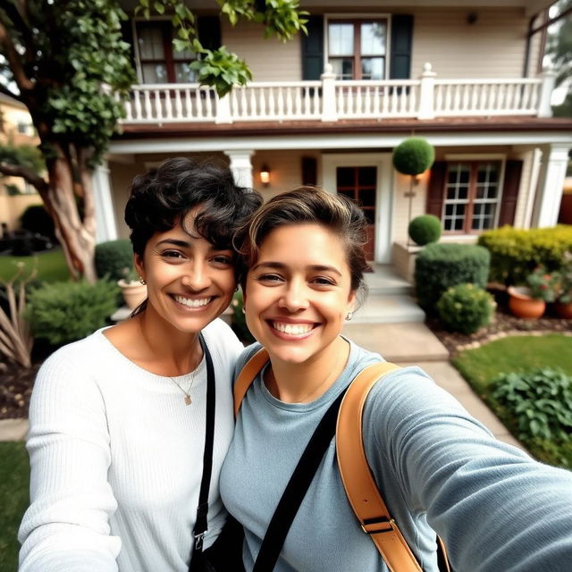 A realistic selfie of two people together, smiling and enjoying their time