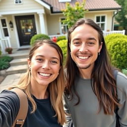 A realistic selfie of two people together, smiling and enjoying their time