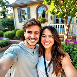 A realistic selfie of two people together, smiling and enjoying their time