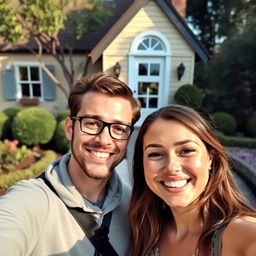 A realistic selfie of two people together, smiling and enjoying their time