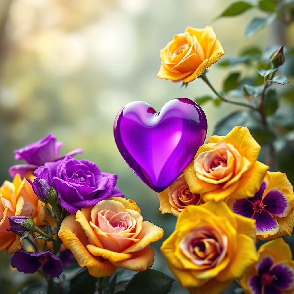 A beautiful violet heart surrounded by stunning yellow violet roses, in a dreamy picturesque background with soft blurred foliage