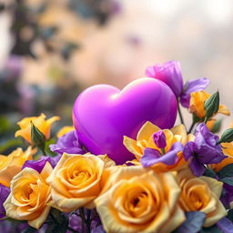 A beautiful violet heart surrounded by stunning yellow violet roses, in a dreamy picturesque background with soft blurred foliage