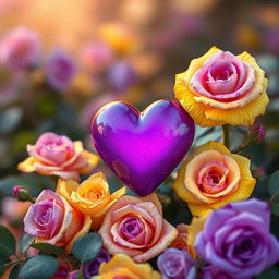 A beautiful violet heart surrounded by stunning yellow violet roses, in a dreamy picturesque background with soft blurred foliage