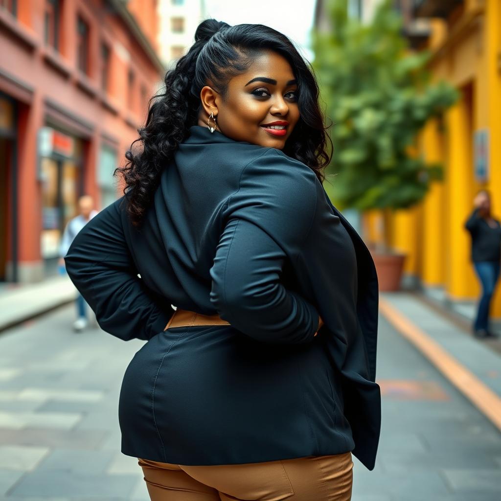 Realistic photography of a curvy woman with a large backside, dressed in stylish clothing that accentuates her figure