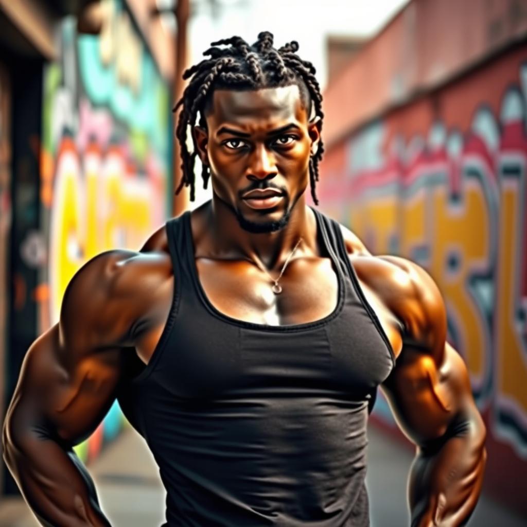 A muscular black man showcasing his impressive physique, with small braids styled neatly in his hair