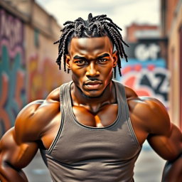 A muscular black man showcasing his impressive physique, with small braids styled neatly in his hair