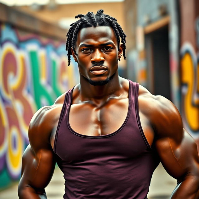 A muscular black man showcasing his impressive physique, with small braids styled neatly in his hair