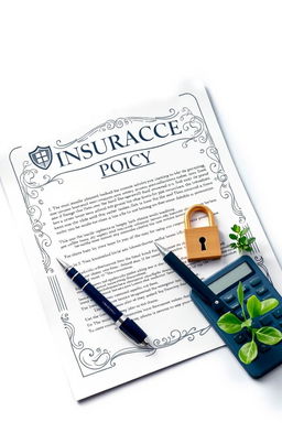 A detailed and artistic representation of an insurance policy document, elegantly designed with decorative borders, filled with stylized text, and icons symbolizing security and protection like a shield and a lock