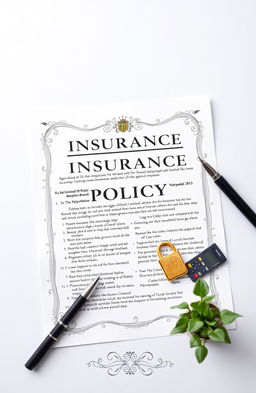 A detailed and artistic representation of an insurance policy document, elegantly designed with decorative borders, filled with stylized text, and icons symbolizing security and protection like a shield and a lock
