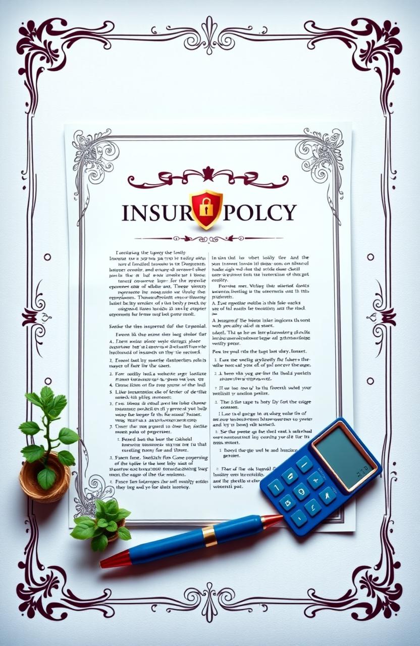 A detailed and artistic representation of an insurance policy document, elegantly designed with decorative borders, filled with stylized text, and icons symbolizing security and protection like a shield and a lock