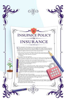 A detailed and artistic representation of an insurance policy document, elegantly designed with decorative borders, filled with stylized text, and icons symbolizing security and protection like a shield and a lock