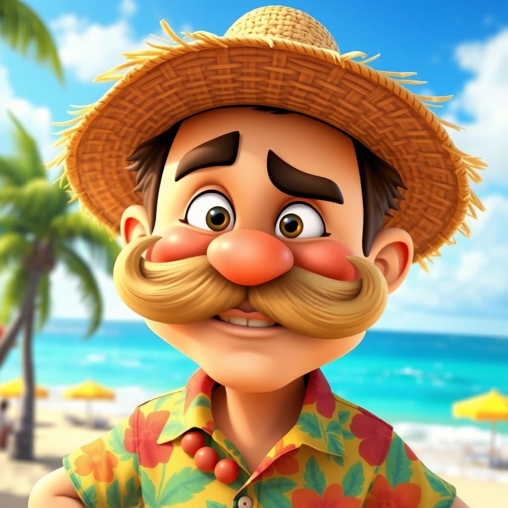 A cartoon character with a humorous expression, featuring a distinct golden tooth that contrasts with a wild, fluffy mustache