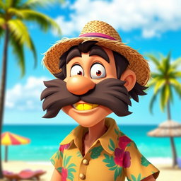 A cartoon character with a humorous expression, featuring a distinct golden tooth that contrasts with a wild, fluffy mustache