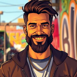 A confident man with a well-groomed beard and shining gold teeth, wearing a stylish outfit that reflects his unique personality