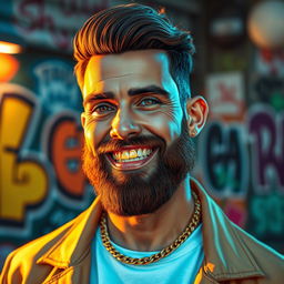 A confident man with a well-groomed beard and shining gold teeth, wearing a stylish outfit that reflects his unique personality