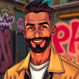 A confident man with a well-groomed beard and shining gold teeth, wearing a stylish outfit that reflects his unique personality