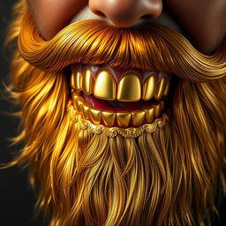 A stunning close-up of a shiny golden beard adorned with ornate gold teeth, artistically arranged against a textured dark background