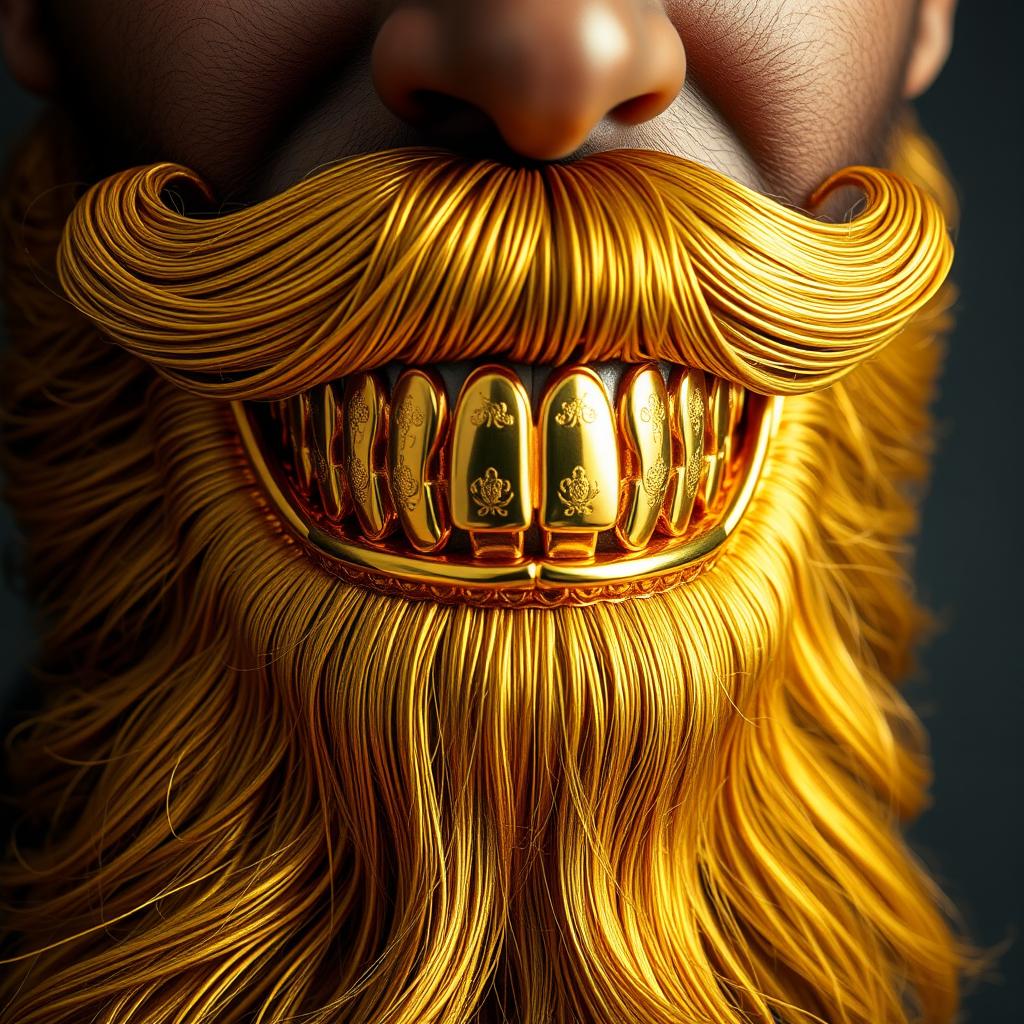 A stunning close-up of a shiny golden beard adorned with ornate gold teeth, artistically arranged against a textured dark background