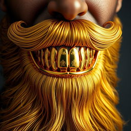 A stunning close-up of a shiny golden beard adorned with ornate gold teeth, artistically arranged against a textured dark background