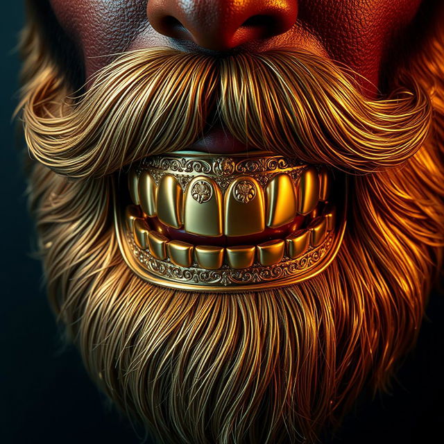 A stunning close-up of a shiny golden beard adorned with ornate gold teeth, artistically arranged against a textured dark background