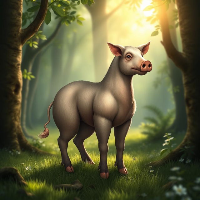 A fantastical creature with the body of a pig and the upper torso of a centaur, standing in a lush green forest