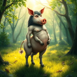 A fantastical creature with the body of a pig and the upper torso of a centaur, standing in a lush green forest