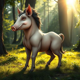 A fantastical creature with the body of a pig and the upper torso of a centaur, standing in a lush green forest