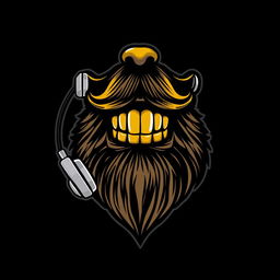 A stylish logo design featuring a bold, stylized beard, shiny gold teeth, and sleek earphones