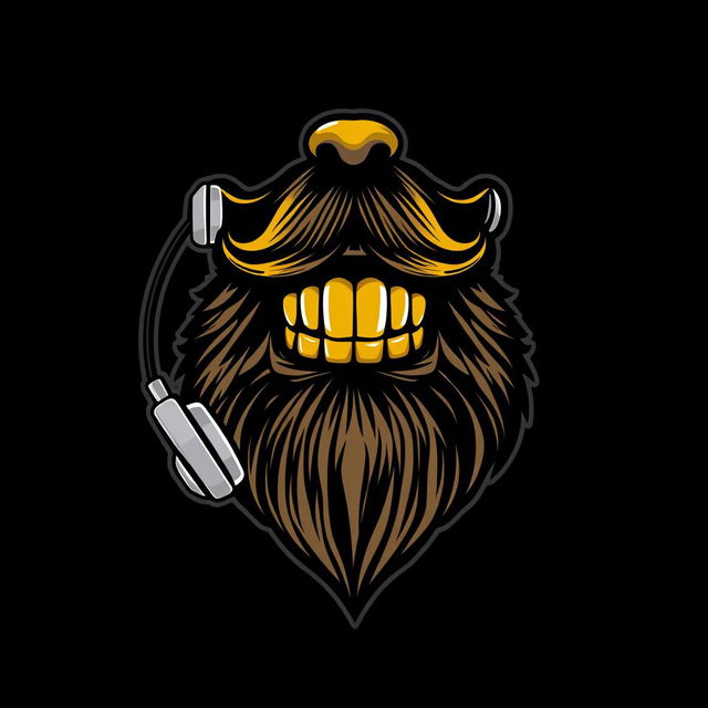 A stylish logo design featuring a bold, stylized beard, shiny gold teeth, and sleek earphones