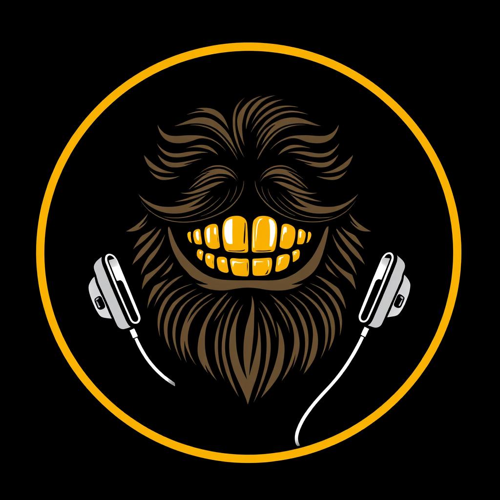 A stylish logo design featuring a bold, stylized beard, shiny gold teeth, and sleek earphones