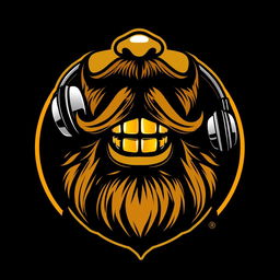 A stylish logo design featuring a bold, stylized beard, shiny gold teeth, and sleek earphones