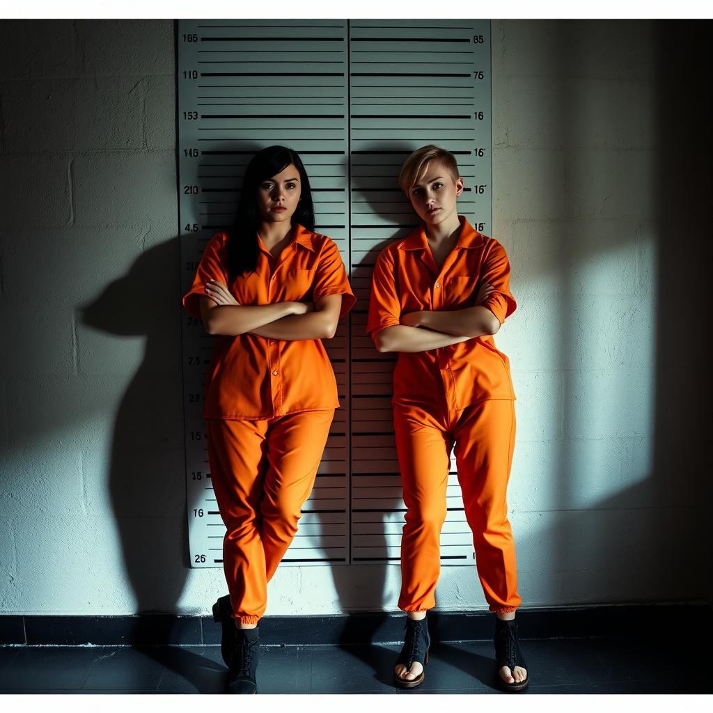 A dramatic and intense scene set in a prison interior, featuring two young women dressed in classic orange prison jumpsuits and holding a height chart as a backdrop