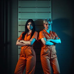A dramatic and intense scene set in a prison interior, featuring two young women dressed in classic orange prison jumpsuits and holding a height chart as a backdrop