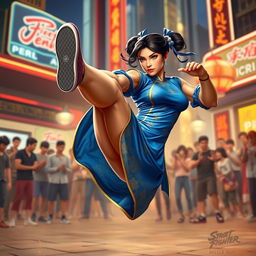 A dynamic action scene featuring Chun Li, the iconic street fighter character, in her traditional blue qipao dress with gold accents