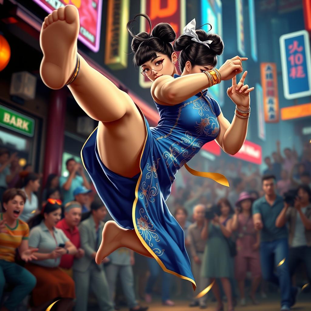A dynamic action scene featuring Chun Li, the iconic street fighter character, in her traditional blue qipao dress with gold accents