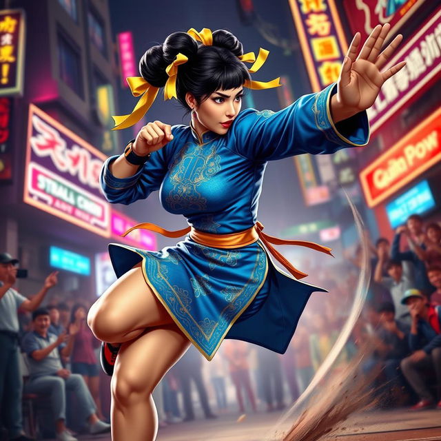 A dynamic action scene featuring Chun Li, the iconic street fighter character, in her traditional blue qipao dress with gold accents