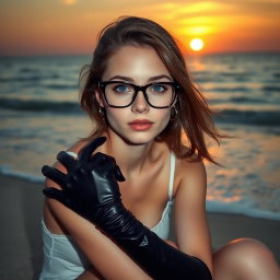 A beautiful girl with striking blue eyes, wearing stylish glasses, sitting gracefully on the shore of the sea