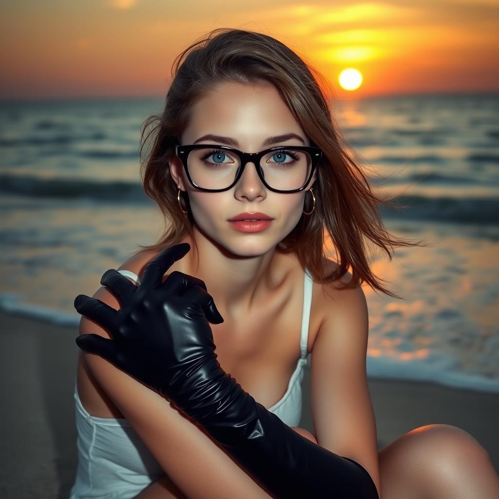 A beautiful girl with striking blue eyes, wearing stylish glasses, sitting gracefully on the shore of the sea