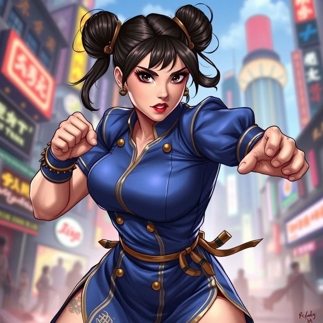 A dynamic and powerful illustration of Chun-Li from Street Fighter, portrayed in a fighting stance