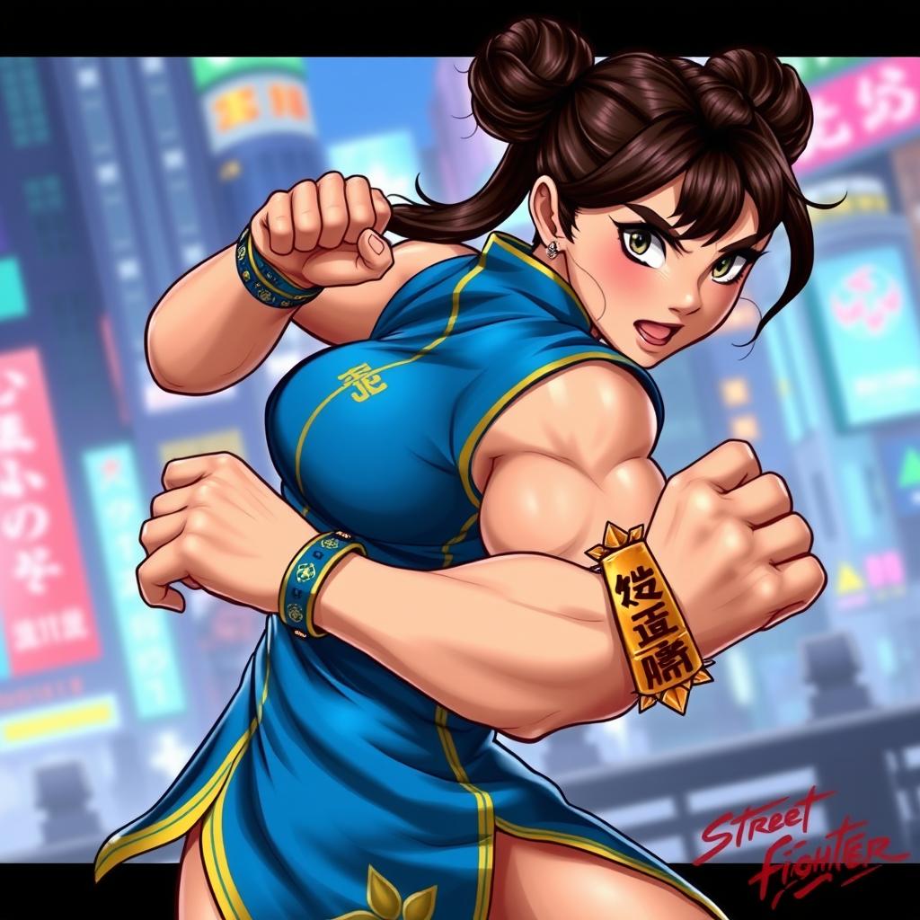 A dynamic and powerful illustration of Chun-Li from Street Fighter, portrayed in a fighting stance