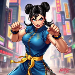 A dynamic and powerful illustration of Chun-Li from Street Fighter, portrayed in a fighting stance