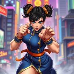 A dynamic and powerful illustration of Chun-Li from Street Fighter, portrayed in a fighting stance