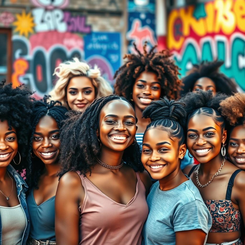 A captivating portrait of a diverse group of women showcasing their individuality, each displaying unique hairstyles, expressions, and fashion styles